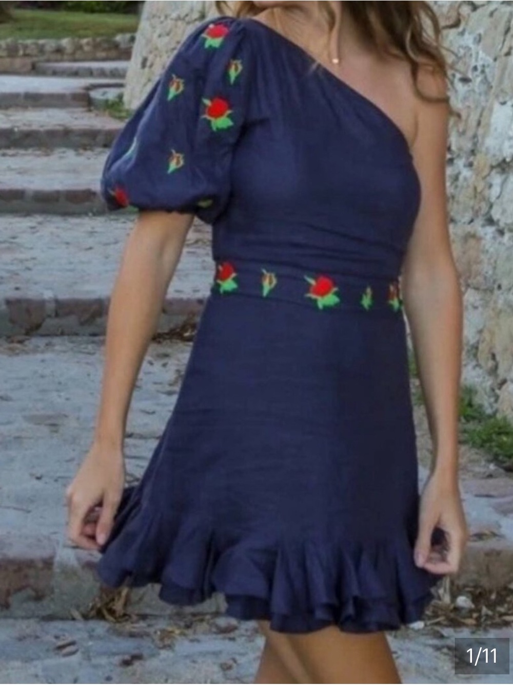 Fanm Mon Navy One-Shoulder Dress with Red Rose Embroidery